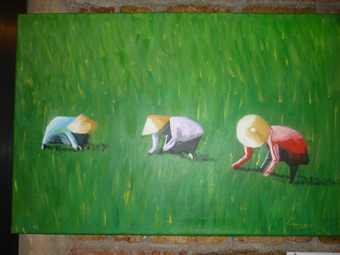 Cuadro de Pepita Manzanares de campos de arroz en Indonesia